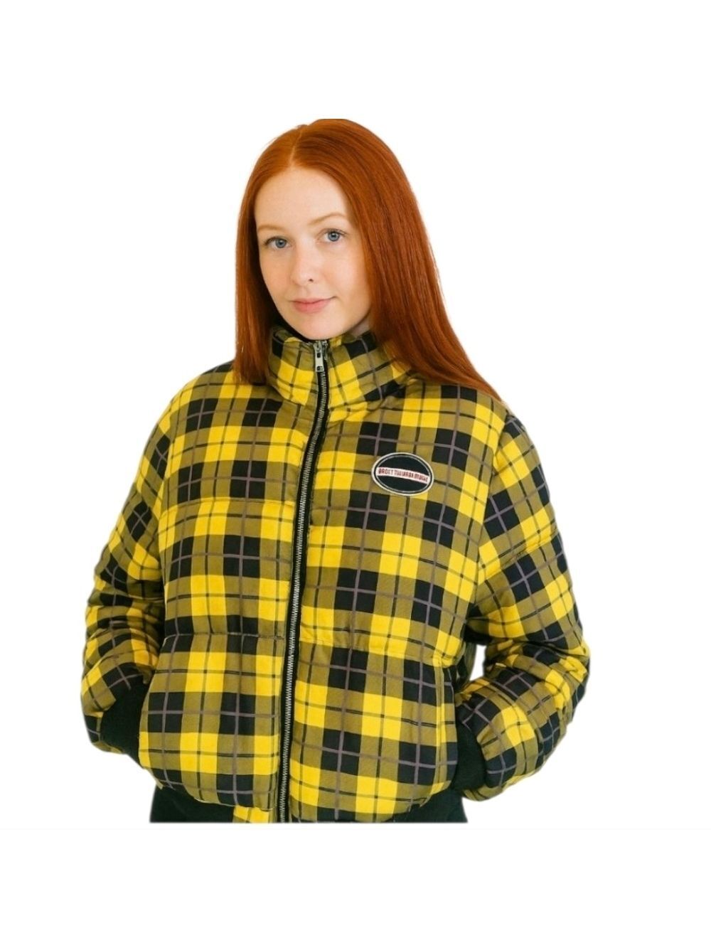Foreve 21 Plaid Puffer Jacket Yellow and Black Cropped length Coat Fall Plaid M